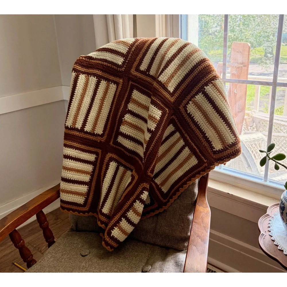 Vintage Handmade Crochet Patchwork Throw Blanket Brown Cream Geometric 41x31